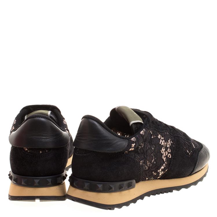 Pre Owned Valentino Black Suede and Macramé Lace Rockrunner Sneakers Size 38