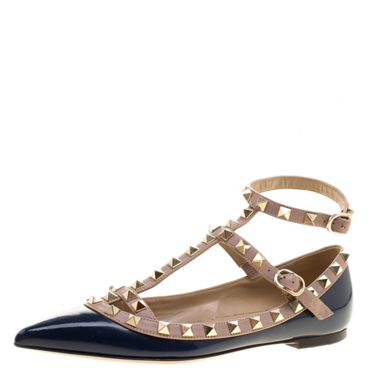 Valentino Blue Patent Leather T Rockstud Pointed Toe Ballet Flats 35 Valentino | TLC