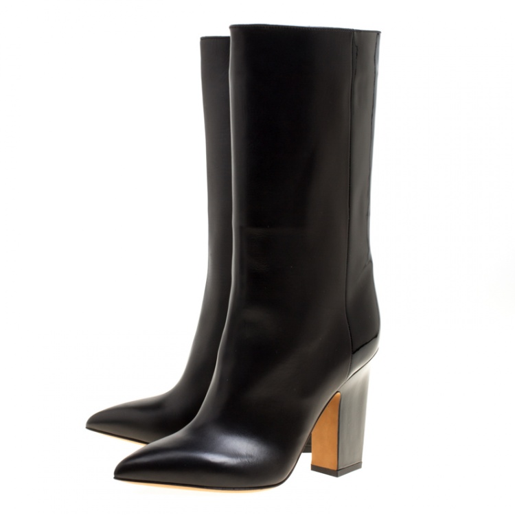 Pre Owned Valentino Black Leather Mid Calf Pointed Toe Boots Size 38.5