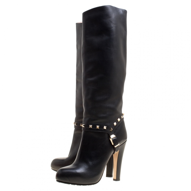 Pre Owned Valentino Black Leather Rockstud Knee High Boots Size 40