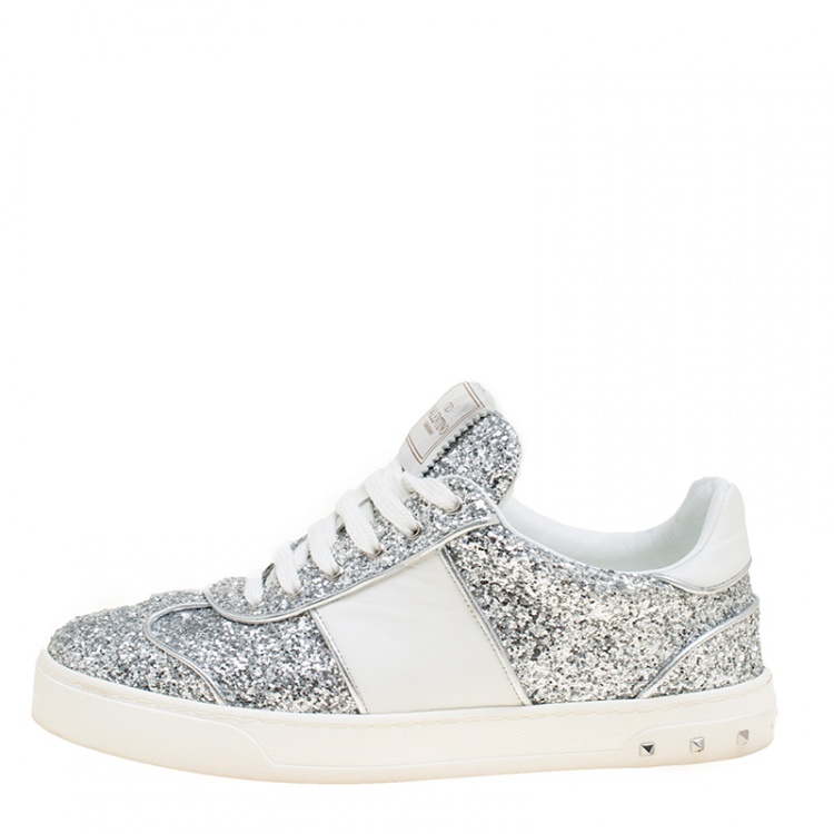 Pre Owned Valentino Silver/White Glitter and Leather Fly Crew Lace Up Sneakers Size 38