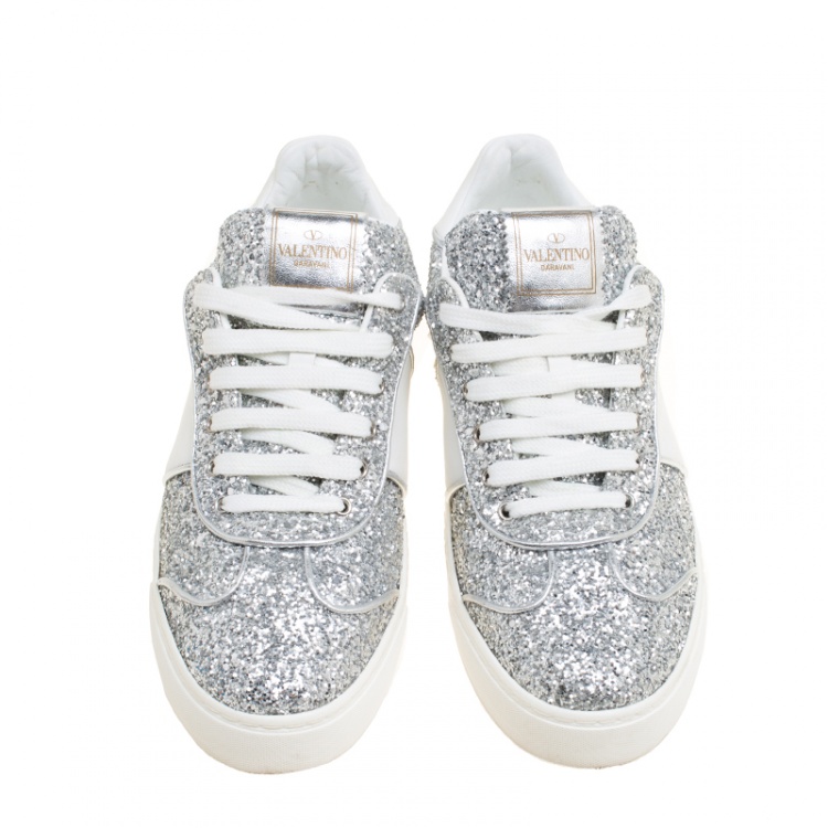 Pre Owned Valentino Silver/White Glitter and Leather Fly Crew Lace Up Sneakers Size 38