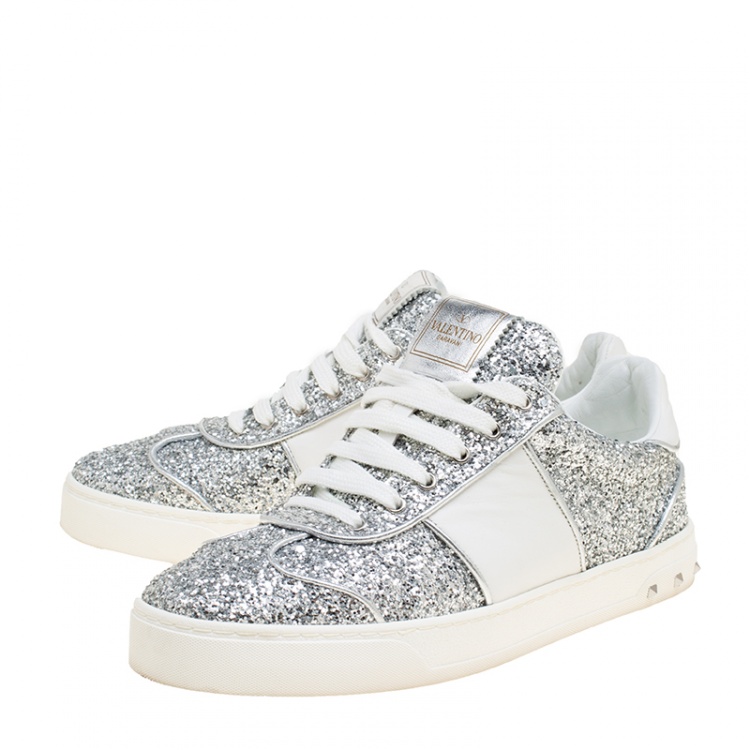 Pre Owned Valentino Silver/White Glitter and Leather Fly Crew Lace Up Sneakers Size 38