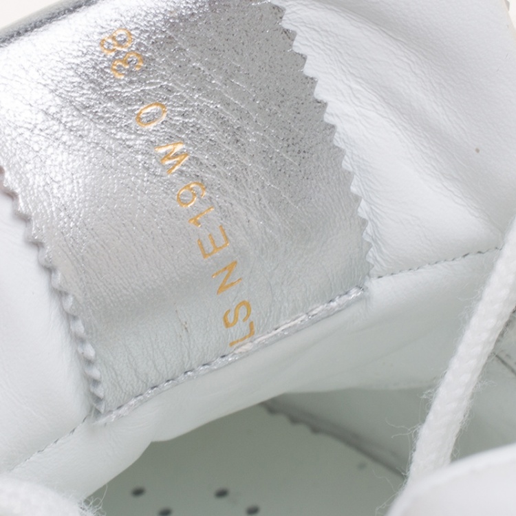 Pre Owned Valentino Silver/White Glitter and Leather Fly Crew Lace Up Sneakers Size 38