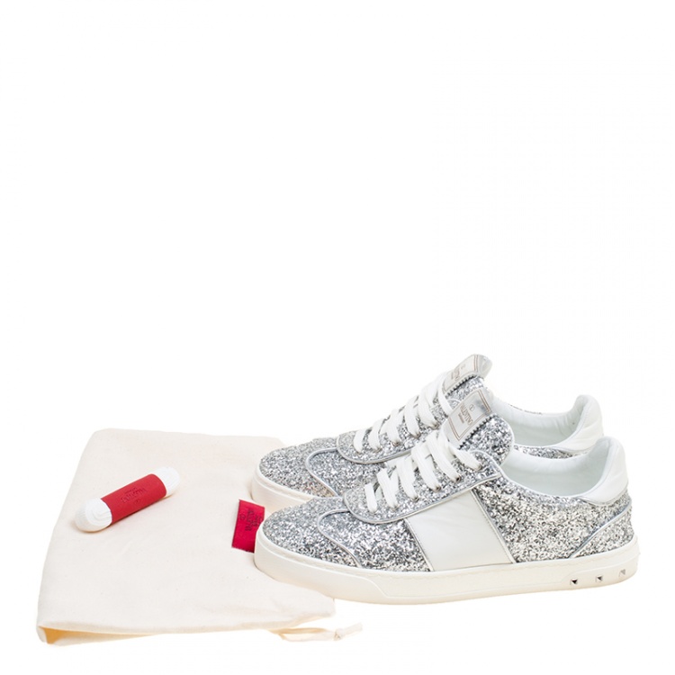 Pre Owned Valentino Silver/White Glitter and Leather Fly Crew Lace Up Sneakers Size 38