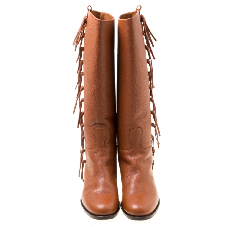 Pre Owned Valentino Brown Leather Fringe Detail Knee Length Boots Size 36.5