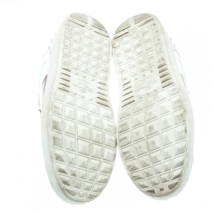 Pre Owned  Valentino White And Metallic Gold Band Leather Open Low Top Sneakers Size 39