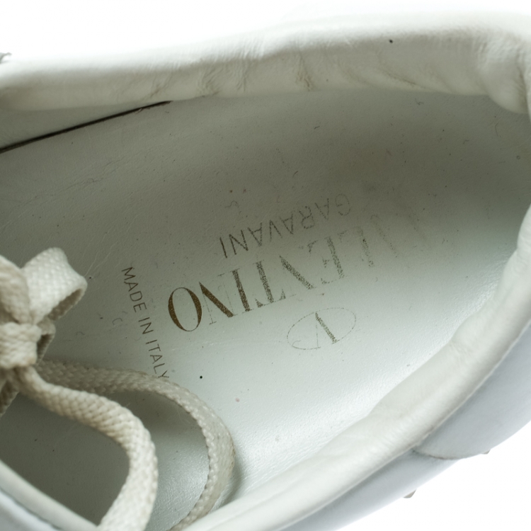 Pre Owned  Valentino White And Metallic Gold Band Leather Open Low Top Sneakers Size 39
