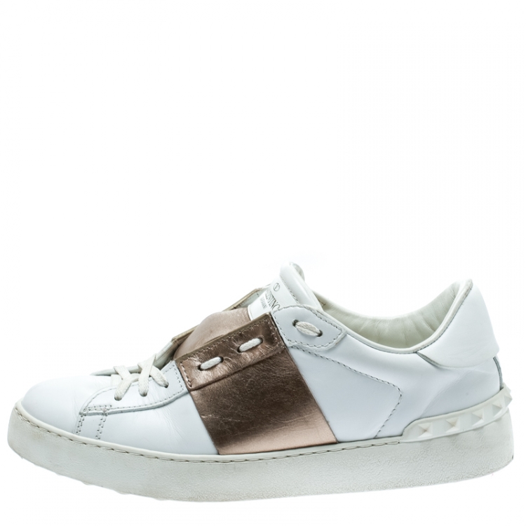 White And Metallic Gold Band Leather Open Low Top Sneakers Size 39 Valentino | TLC
