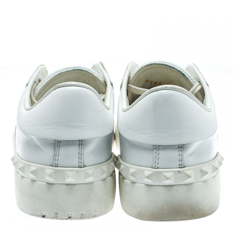 Pre Owned  Valentino White And Metallic Gold Band Leather Open Low Top Sneakers Size 39