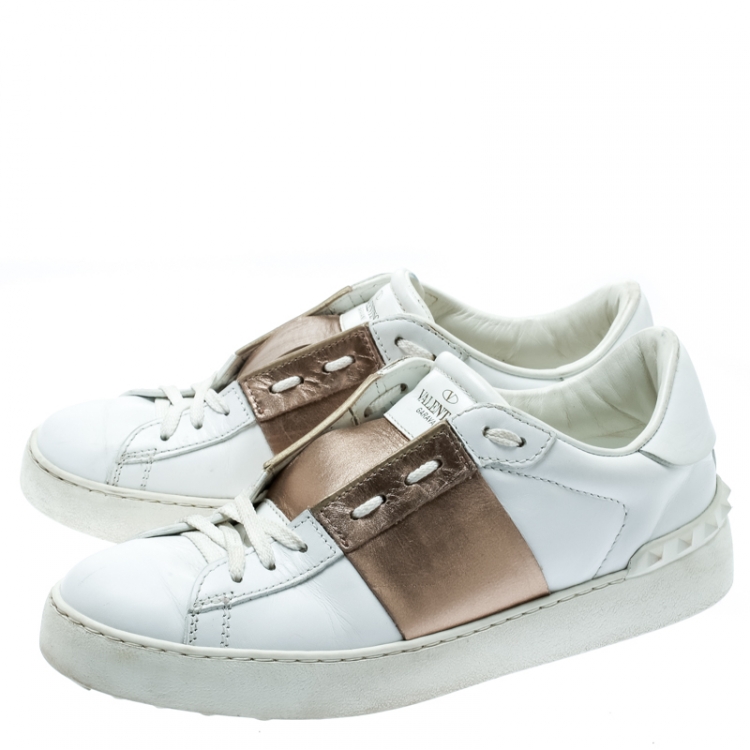 Pre Owned  Valentino White And Metallic Gold Band Leather Open Low Top Sneakers Size 39