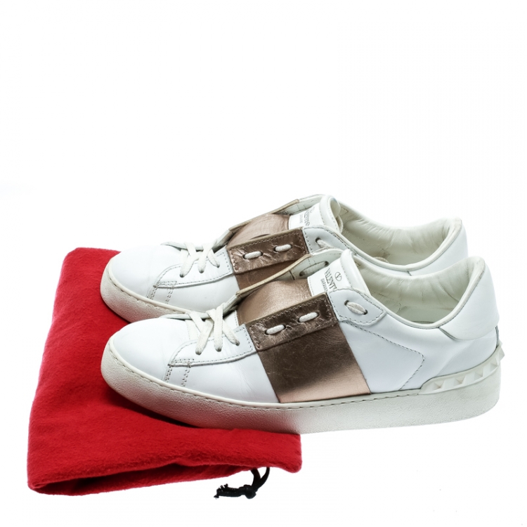 Pre Owned  Valentino White And Metallic Gold Band Leather Open Low Top Sneakers Size 39