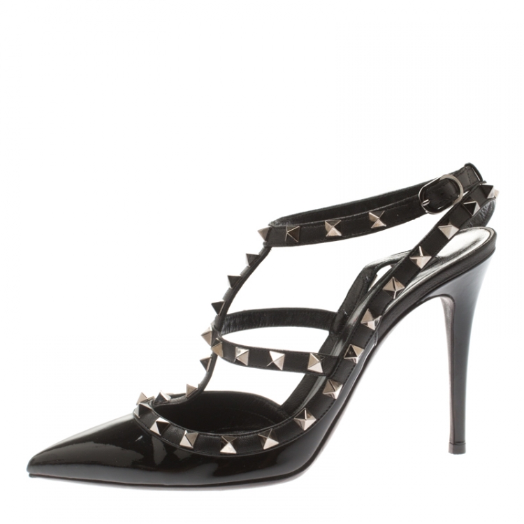 Valentino Black Patent Leather Rockstud Pointed Toe Sandals Size