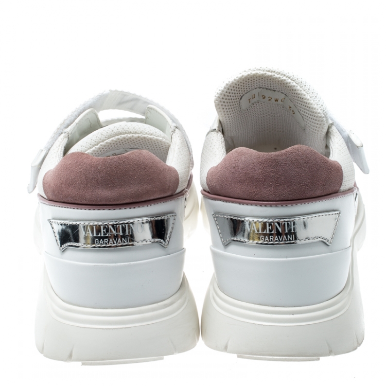 مملوكة مسبقًا Valentino White/Pink Mesh And Leather VLTN Heroes Velcro Strap Sneakers Size 39