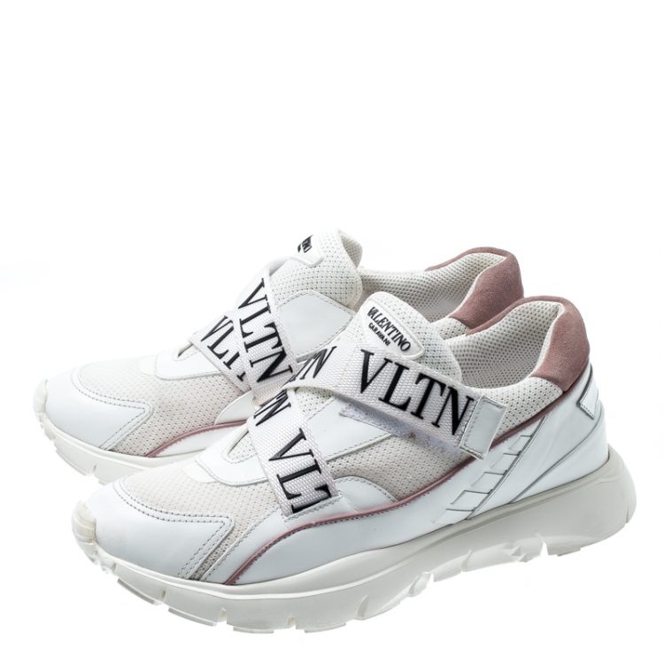 مملوكة مسبقًا Valentino White/Pink Mesh And Leather VLTN Heroes Velcro Strap Sneakers Size 39