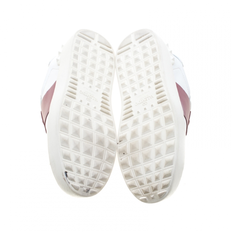 Pre Owned Valentino White And Pink Band Leather Open Low Top Sneakers Size 37.5