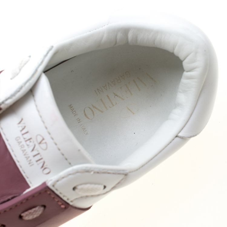Pre Owned Valentino White And Pink Band Leather Open Low Top Sneakers Size 37.5