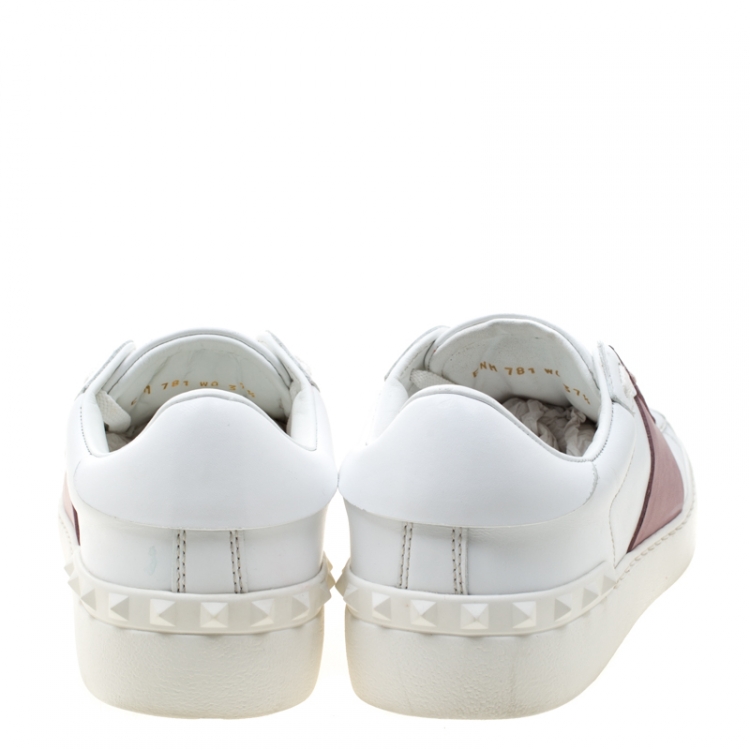 Pre Owned Valentino White And Pink Band Leather Open Low Top Sneakers Size 37.5