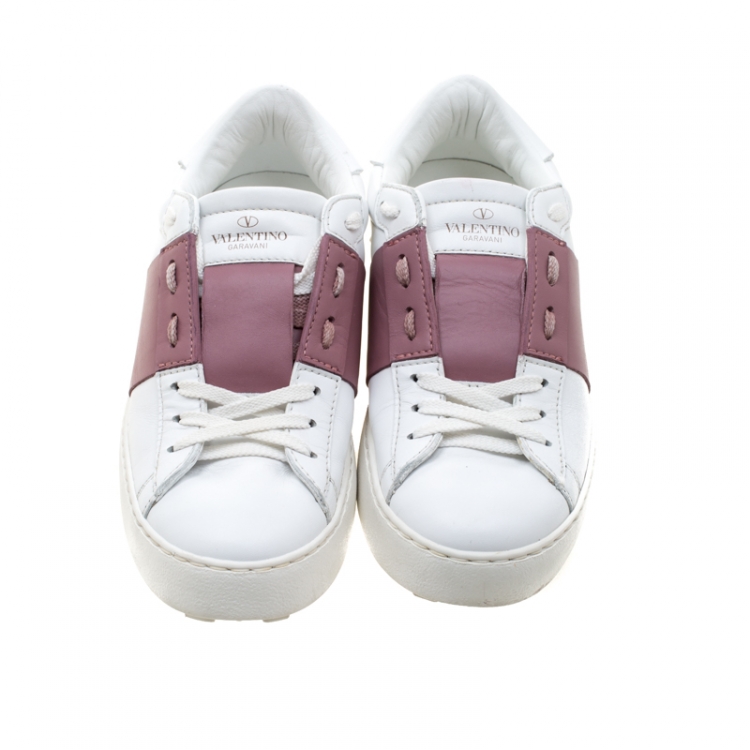 Pre Owned Valentino White And Pink Band Leather Open Low Top Sneakers Size 37.5