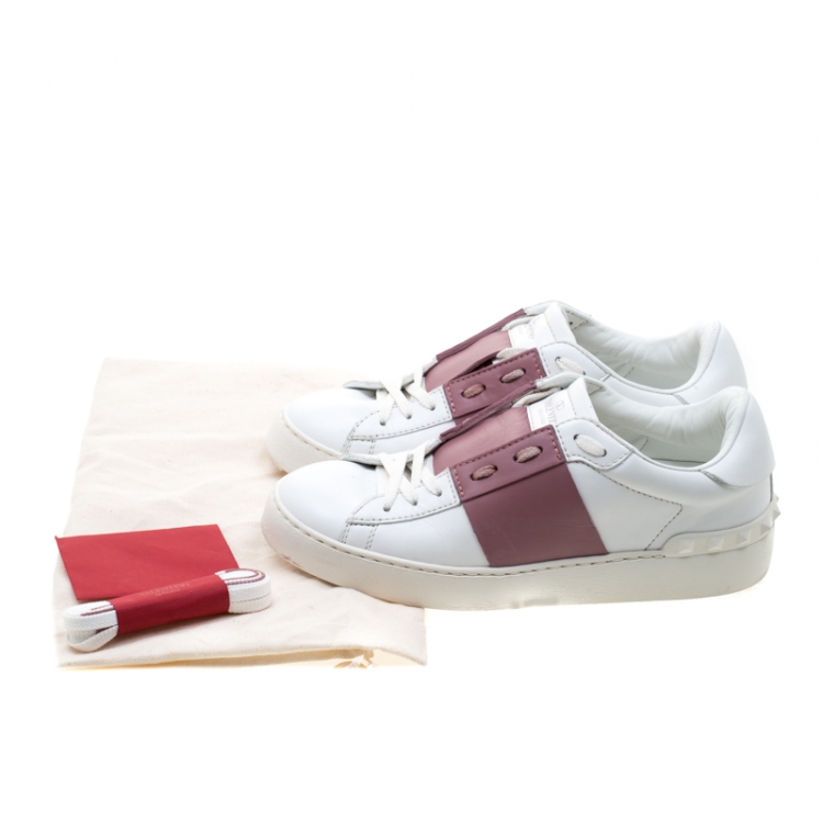 Pre Owned Valentino White And Pink Band Leather Open Low Top Sneakers Size 37.5