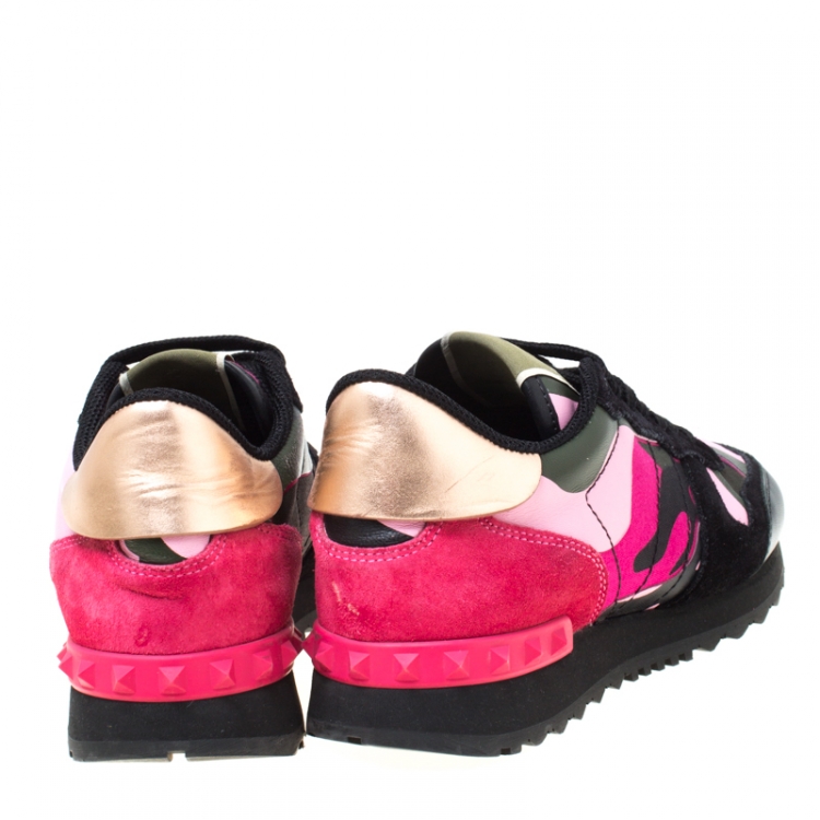 Pre Owned  Valentino Multicolor Camouflage Leather And Suede Hawaiian Couture Rockrunner Sneakers Size 36.5
