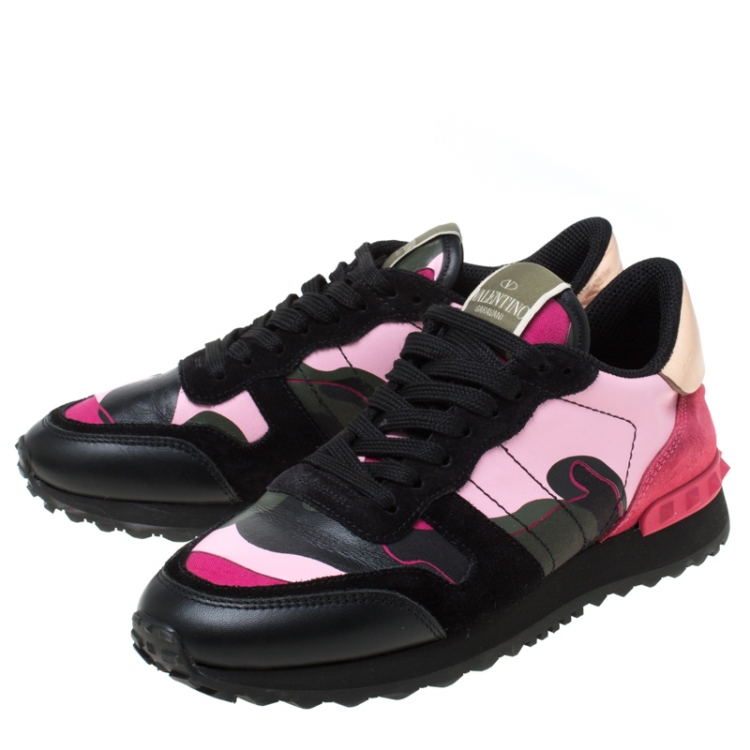 Pre Owned  Valentino Multicolor Camouflage Leather And Suede Hawaiian Couture Rockrunner Sneakers Size 36.5