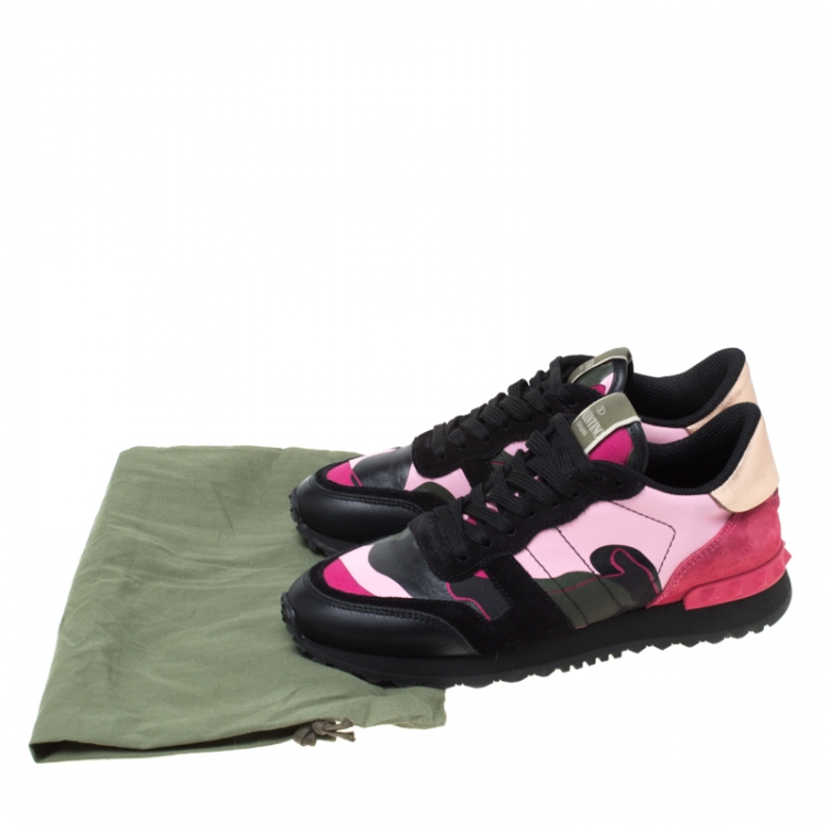 Pre Owned  Valentino Multicolor Camouflage Leather And Suede Hawaiian Couture Rockrunner Sneakers Size 36.5