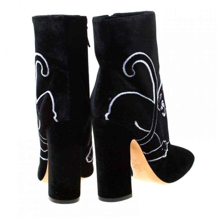 Pre Owned Valentino Black Velvet Panther Motif Block Heel Ankle Boots Size 38.5