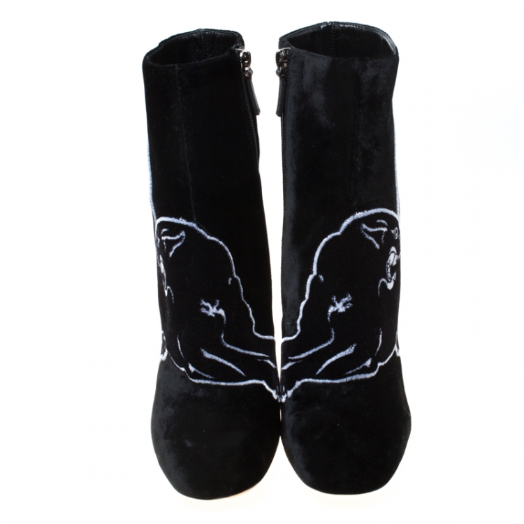 Pre Owned Valentino Black Velvet Panther Motif Block Heel Ankle Boots Size 38.5