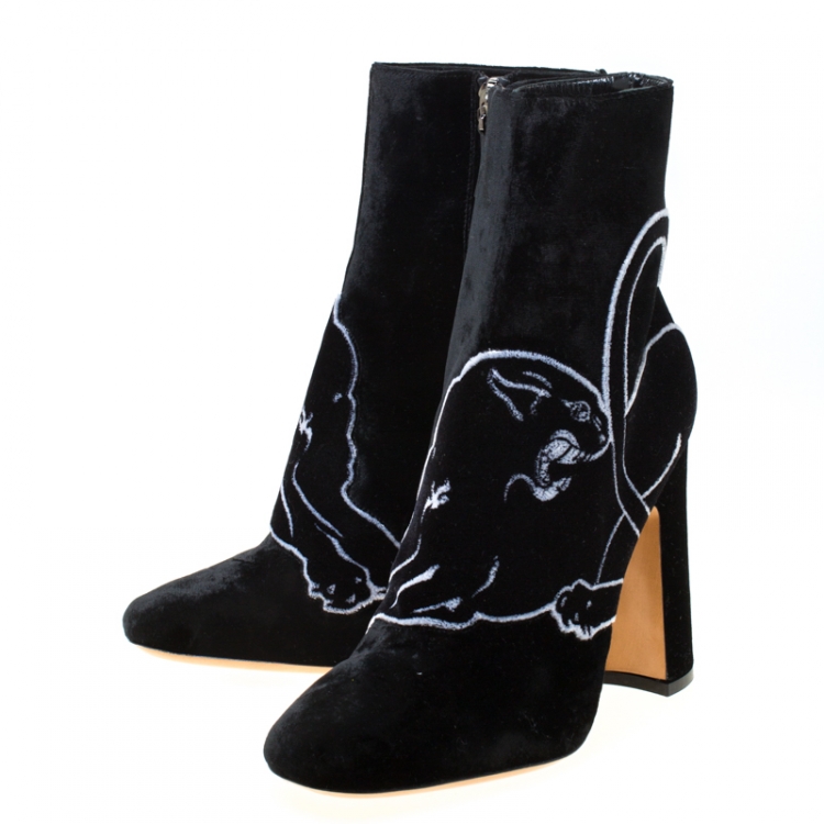 Pre Owned Valentino Black Velvet Panther Motif Block Heel Ankle Boots Size 38.5