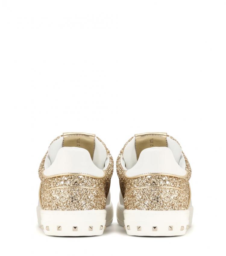 Pre Owned Valentino Gold/White Glitter and Leather Flycrew Sneakers Size 38
