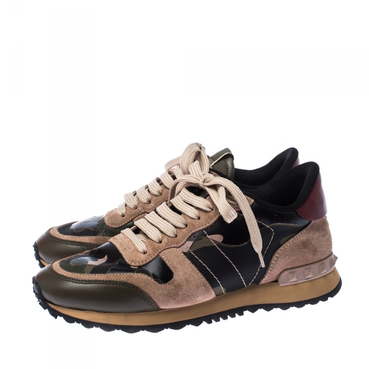 مملوكة مسبقًا Valentino Multicolor Camouflage Leather And Suede Hawaiian Couture Rockrunner Sneakers Size 36