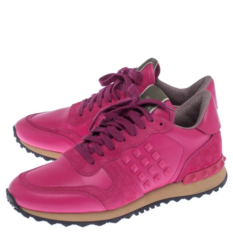 مملوكة مسبقًا Valentino Pink Leather And Suede Spike Lace Up Sneakers Size 38.5