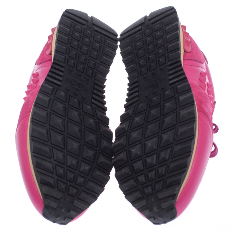 مملوكة مسبقًا Valentino Pink Leather And Suede Spike Lace Up Sneakers Size 38.5