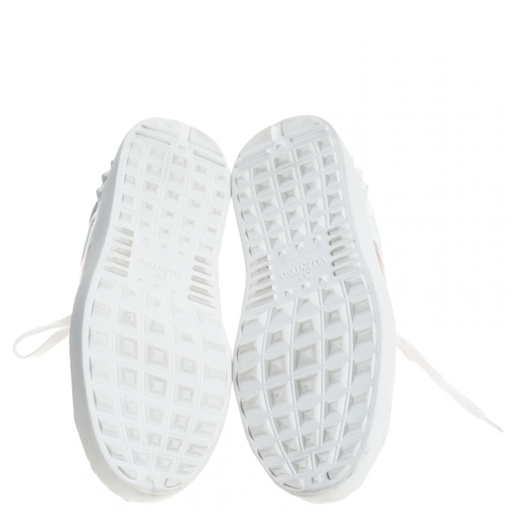 Pre Owned Valentino White/Pink Leather Rockstud Lace Up Sneakers Size 37.5