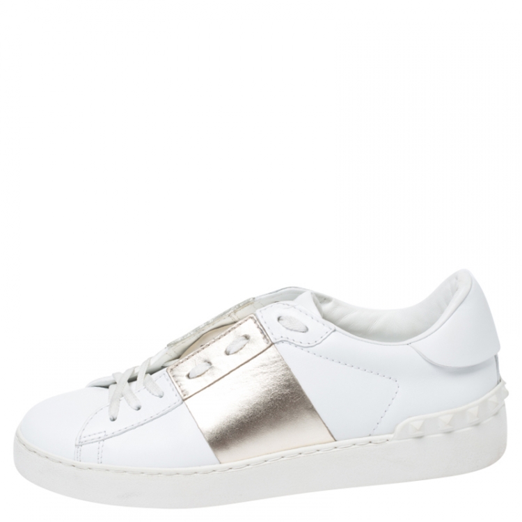 Pre Owned Valentino White/Gold Leather Flycrew Lace Up Sneakers Size 38