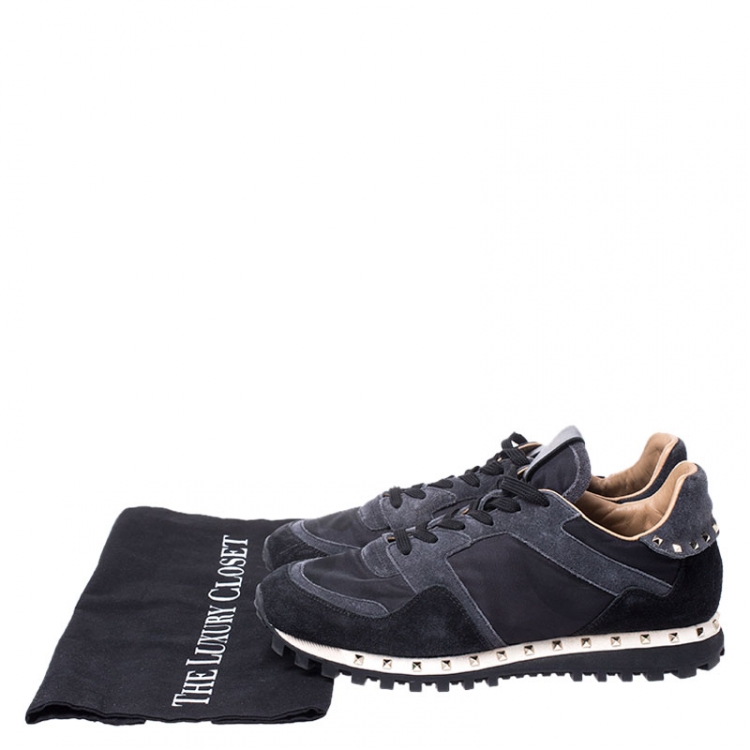 Pre Owned Valentino Black Suede and Fabric Studded Low Top Sneakers Size 39.5 