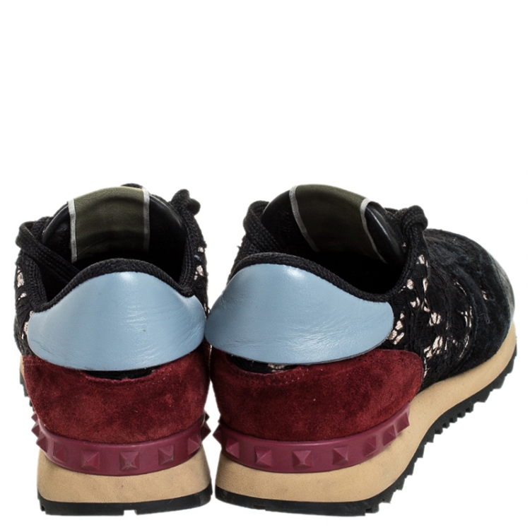 Pre Owned Valentino Multicolor Lace And Suede Leather Low Top Sneakers Size 37.5