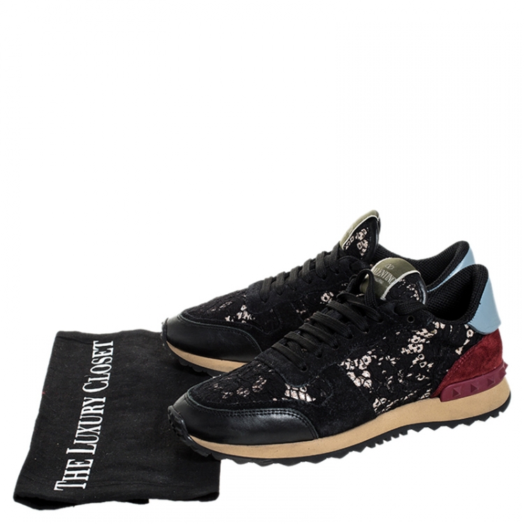 Pre Owned Valentino Multicolor Lace And Suede Leather Low Top Sneakers Size 37.5