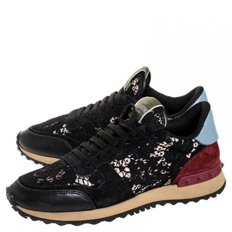Pre Owned Valentino Multicolor Lace And Suede Leather Low Top Sneakers Size 37.5