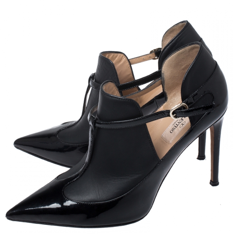 Pre Owned Valentino Black Patent And Leather T Strap Pointed Toe Booties Size 38.5 