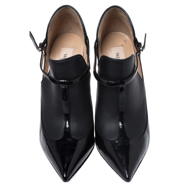 Pre Owned Valentino Black Patent And Leather T Strap Pointed Toe Booties Size 38.5 
