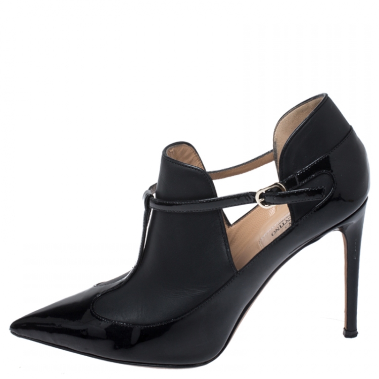 Pre Owned Valentino Black Patent And Leather T Strap Pointed Toe Booties Size 38.5 