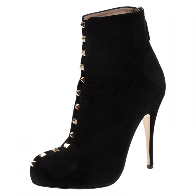 Pre Owned Valentino Black Suede Rockstud Ankle Boots Size 36.5