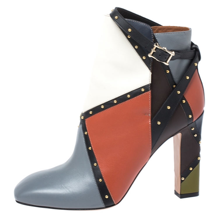 Pre Owned Valentino Multicolor Studded Paneled Leather Ankle Boots Size 40