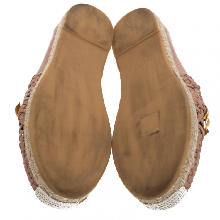 Pre Owned Valentino Beige Woven Leather Floral Embellished Espadrille Flats Size 37