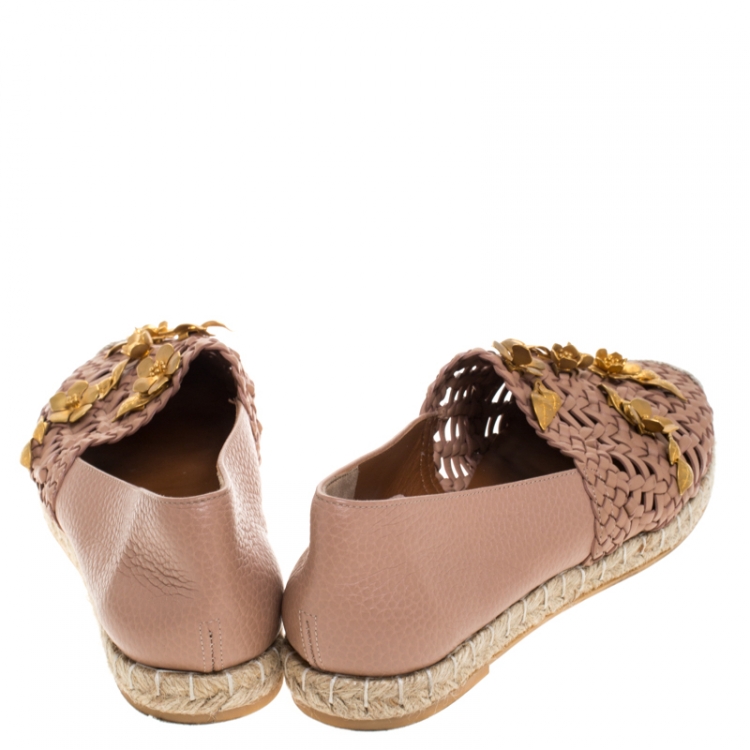 Pre Owned Valentino Beige Woven Leather Floral Embellished Espadrille Flats Size 37