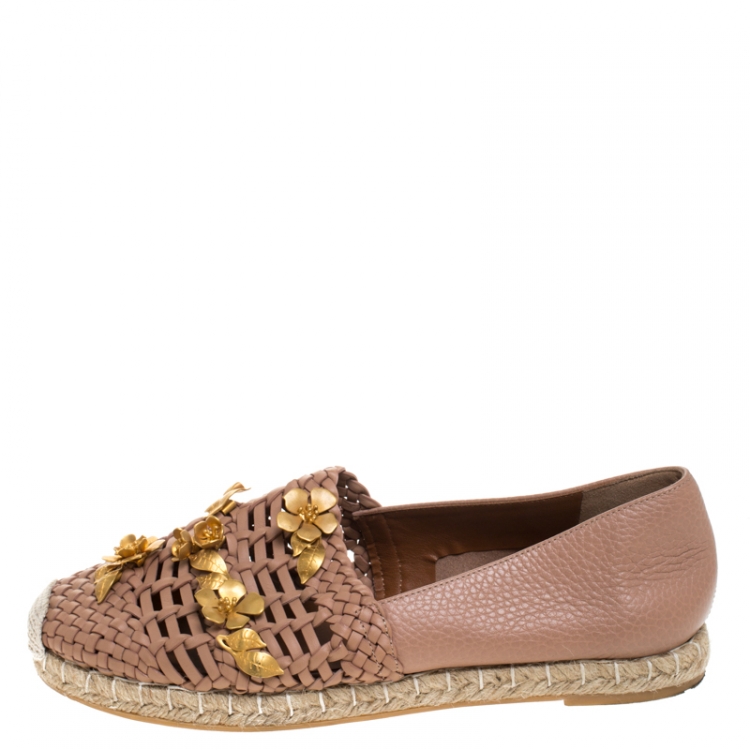 Pre Owned Valentino Beige Woven Leather Floral Embellished Espadrille Flats Size 37