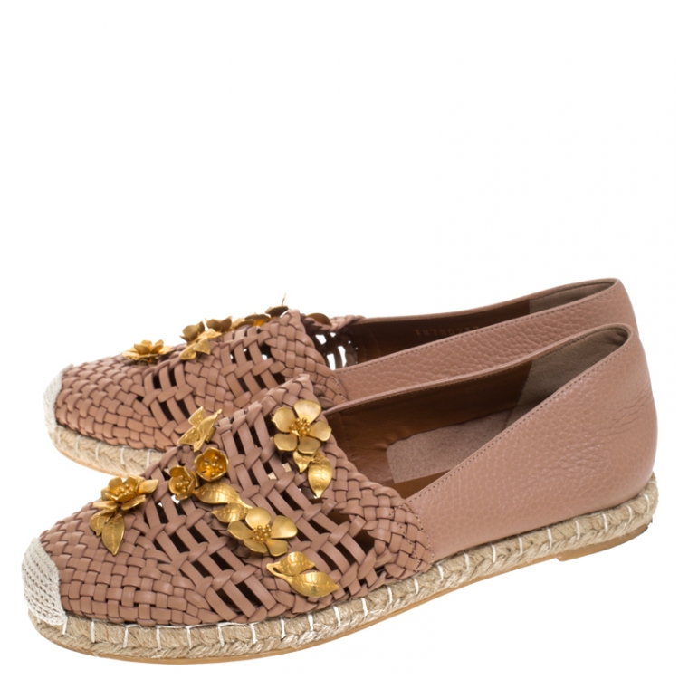 Pre Owned Valentino Beige Woven Leather Floral Embellished Espadrille Flats Size 37