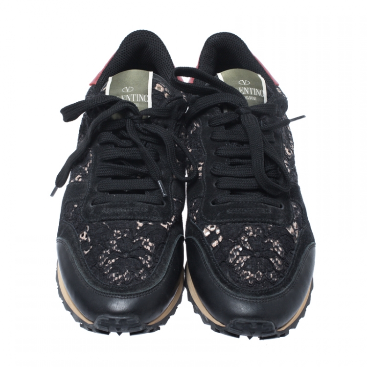 Pre Owned Valentino Multicolor Suede Leather And Macramé Lace Rockrunner Sneakers Size 38